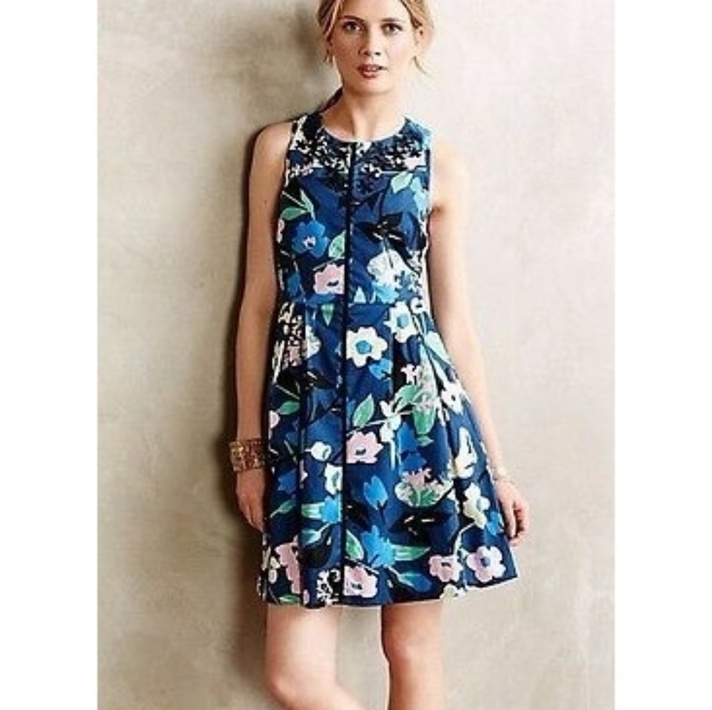 Anthropologie Dress Whit Two Floral Embroidery Summer Party Cottagecore Blue